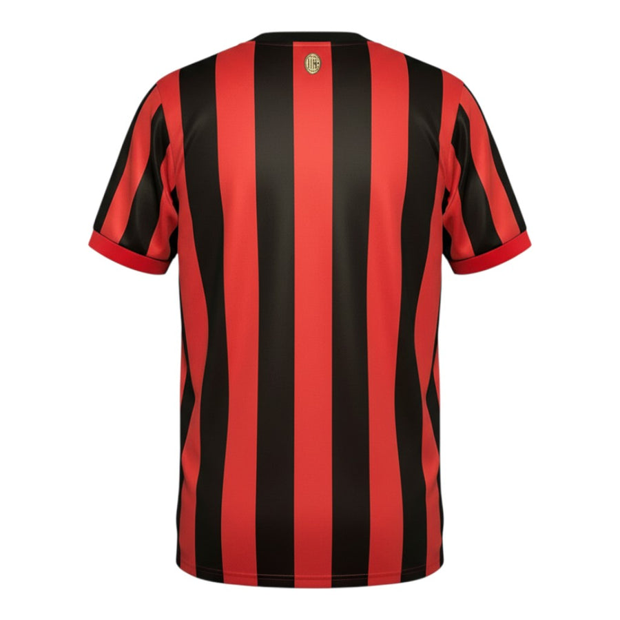 Hinchas Sportswear Store AC Milan 125th Anniversary Jersey: red and black striped, short-sleeve, V-neck football shirt with retro crest and gold detailing.