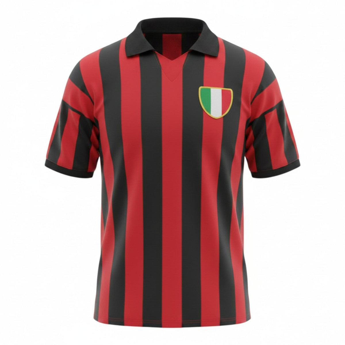 Hinchas Sportswear Store AC Milan 1963 retro home jersey with red and black vertical stripes, black polo collar, and Italian shield crest.