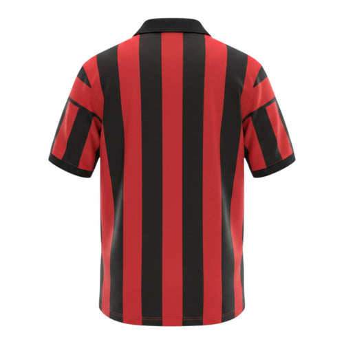 Hinchas Sportswear Store AC Milan 1963 retro home jersey with red and black vertical stripes and black polo collar.