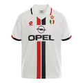 Hinchas Sportswear Store AC Milan 1995 retro white jersey with red and black stripes, Opel sponsor, and Lotto logo.