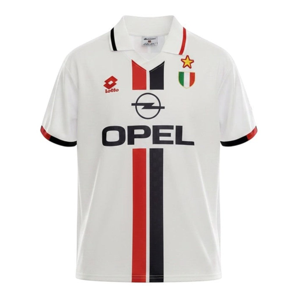 Hinchas Sportswear Store AC Milan 1995 retro white jersey with red and black stripes, Opel sponsor, and Lotto logo.