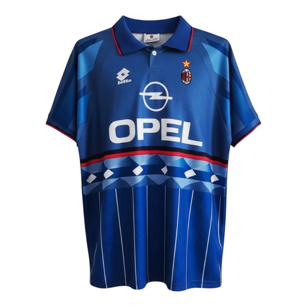 Hinchas Sportswear Store AC Milan 1995 retro blue Lotto jersey with Opel sponsor and geometric patterns.