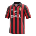 Hinchas Sportswear Store AC Milan 1995 retro jersey. Red and black vertical stripes, Opel sponsor, Lotto logo, V-neck.