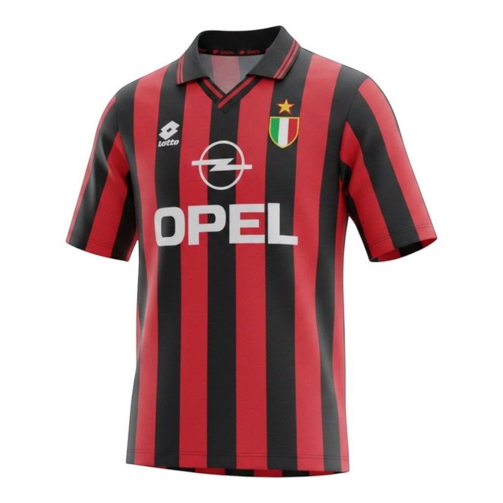 Hinchas Sportswear Store AC Milan 1995 retro jersey. Red and black vertical stripes, Opel sponsor, Lotto logo, V-neck.