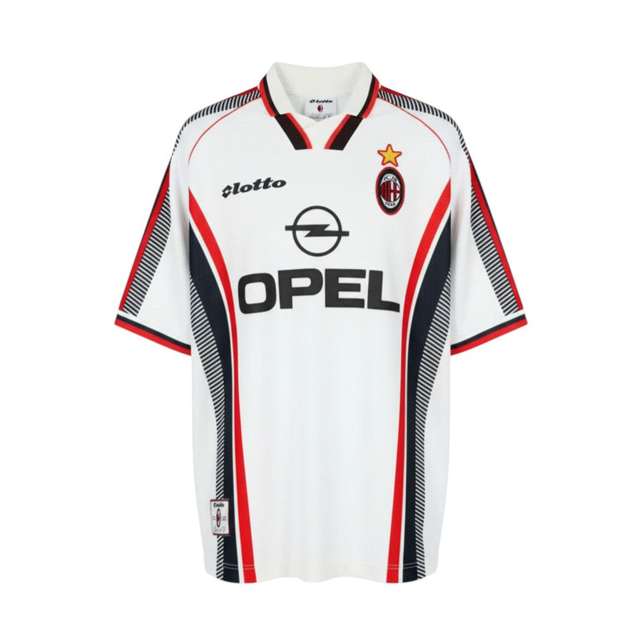Hinchas Sportswear Store white AC Milan 1997-98 away jersey with Opel sponsor and Maldini name.