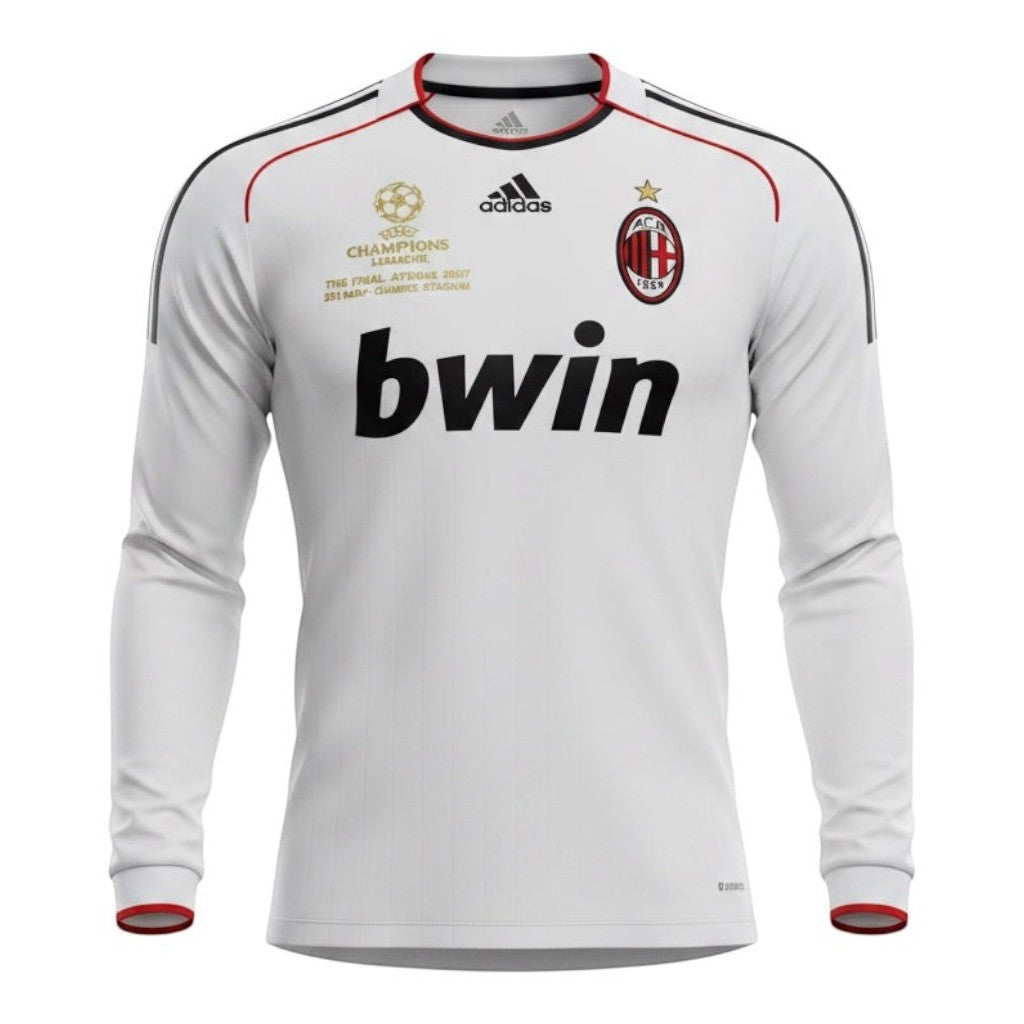 Hinchas Sportswear Store AC Milan 2007 long sleeve retro away jersey white with red trim, Bwin sponsor, Champions League badge.