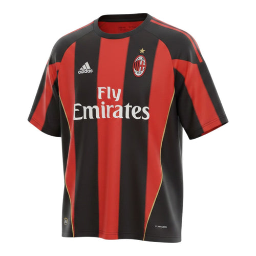 Hinchas Sportswear Store AC Milan 2010-11 retro home jersey, red and black stripes, gold trim, Fly Emirates sponsor, Adidas logo, Climacool.