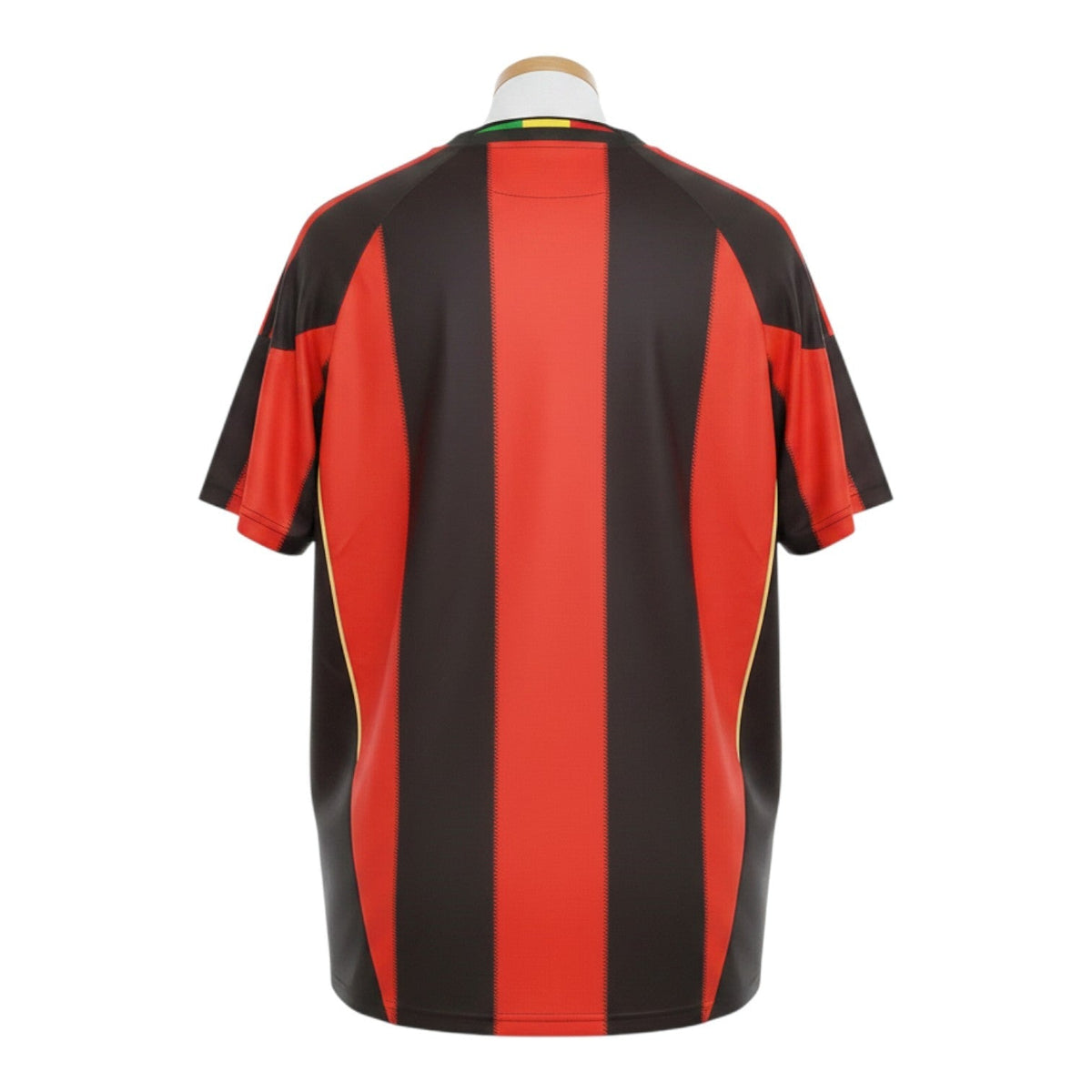 Hinchas Sportswear Store AC Milan 2010-11 retro home jersey, red and black vertical stripes, gold side panels, crew neck.