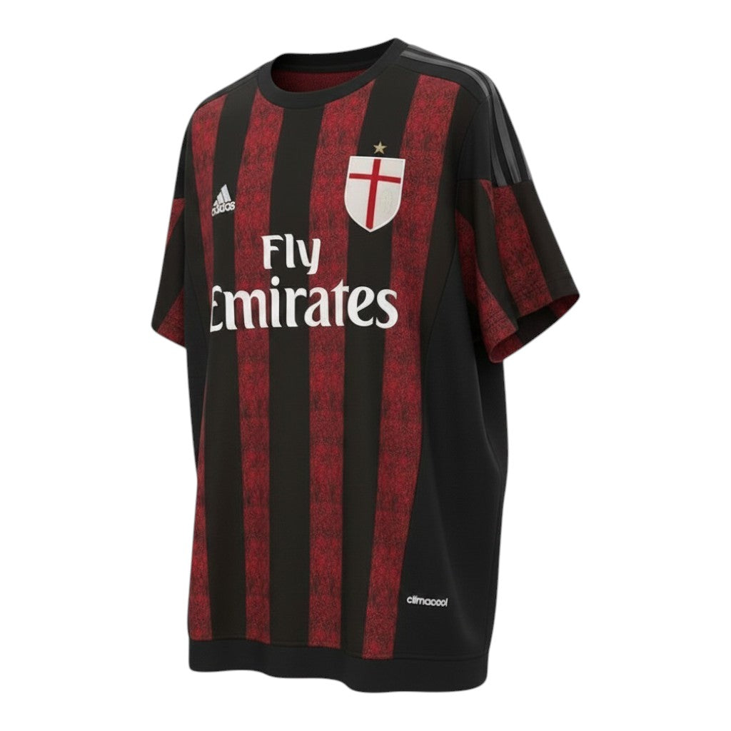 Hinchas Sportswear Store AC Milan 2014-15 retro home jersey, red and black distressed stripes, white Fly Emirates sponsor, Adidas.