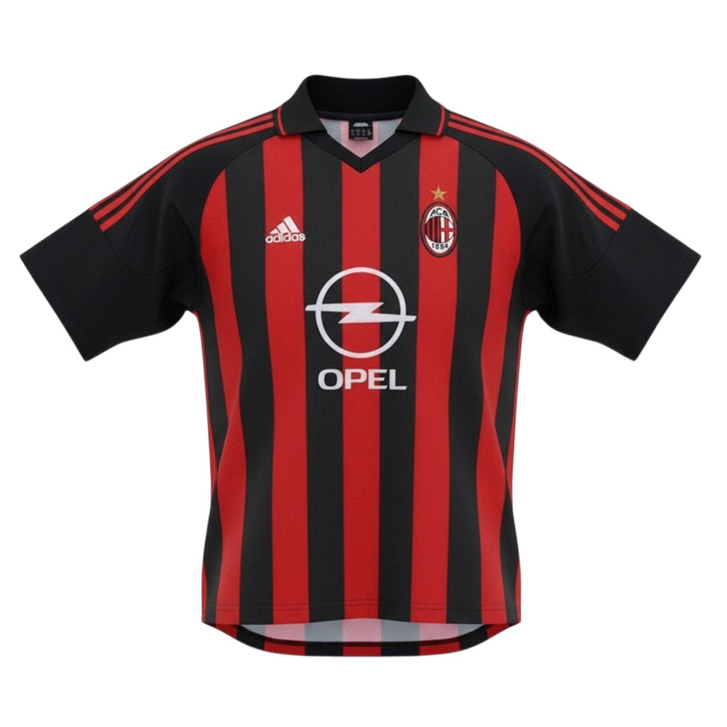 Hinchas Sportswear Store AC Milan retro 2003/04 home football shirt with red and black stripes, Opel sponsor, and Adidas logo.