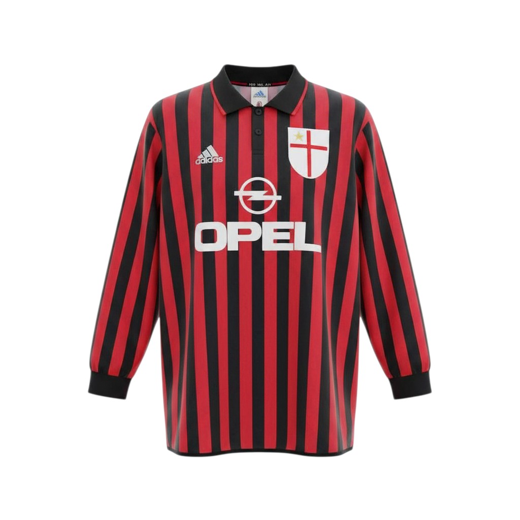 Hinchas Sportswear Store AC Milan 1999-00 long sleeve retro jersey in red and black vertical stripes with Opel sponsor and centenary badge.