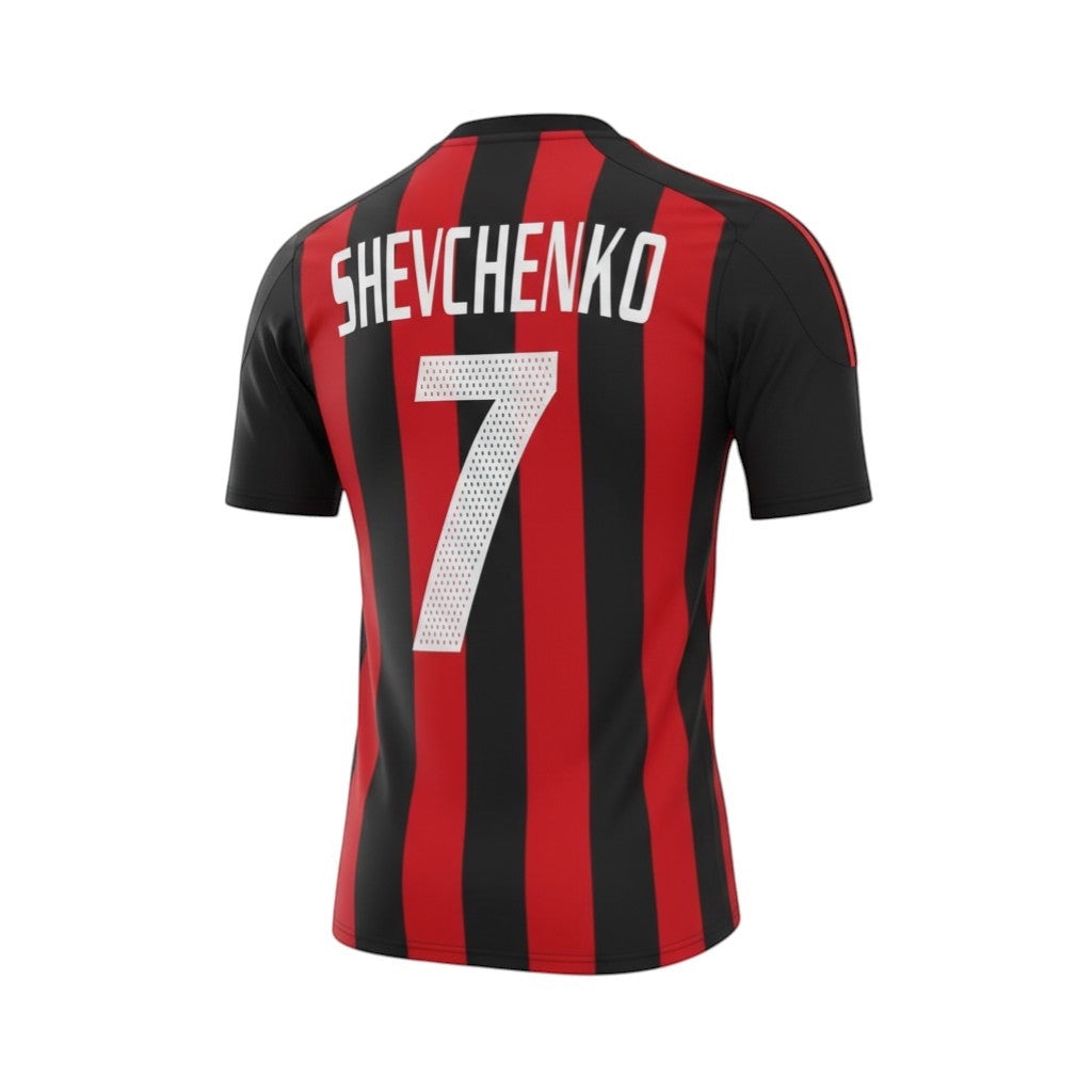 Hinchas Sportswear Store AC Milan 2003/04 retro home football shirt with Shevchenko 7 on the back. Red and black stripes.
