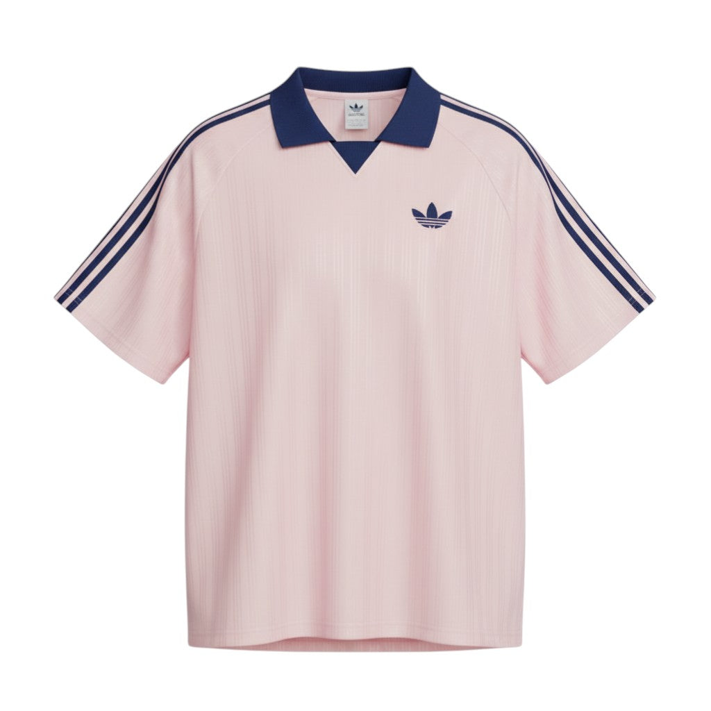 Hinchas Sportswear Store Adidas Originals retro polo tee in blush pink jacquard with navy collar and three stripes.