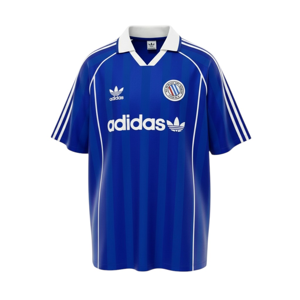 Hinchas Sportswear Store retro royal blue Adidas Originals jersey with white stripes and Trefoil logo. Classic polo collar.
