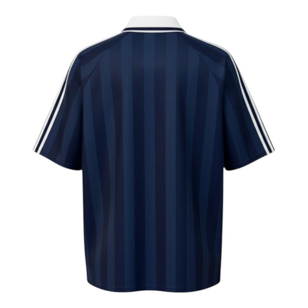 Hinchas Sportswear Store navy blue Adidas Originals retro football jersey with white stripes and Trefoil logo.