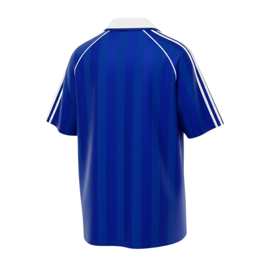 Hinchas Sportswear Store retro blue Adidas Originals jersey with white stripes and Trefoil logo. Classic football style.