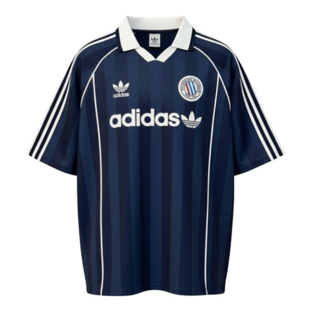 Hinchas Sportswear Store navy blue Adidas Originals retro jersey with white stripes and Trefoil logo.