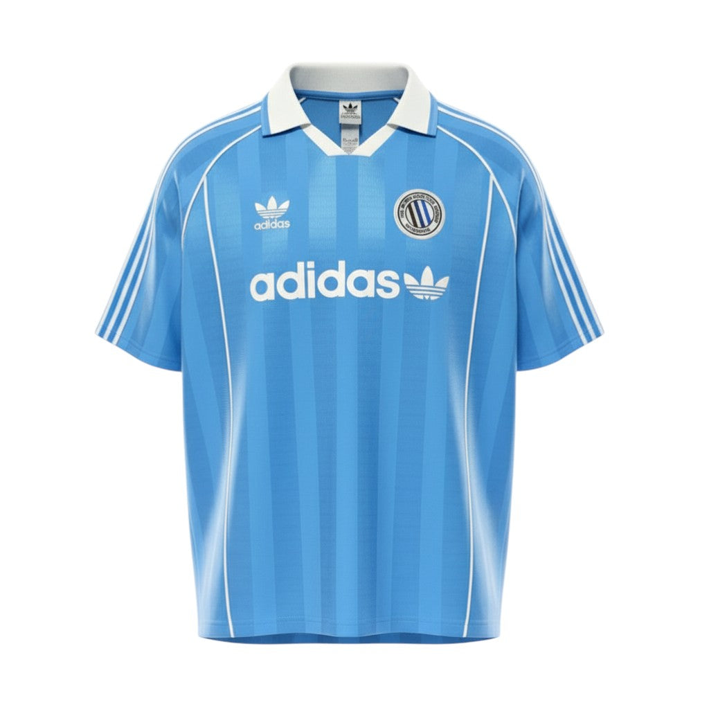 Hinchas Sportswear Store light blue Adidas Originals retro jersey with white stripes and Trefoil logo.