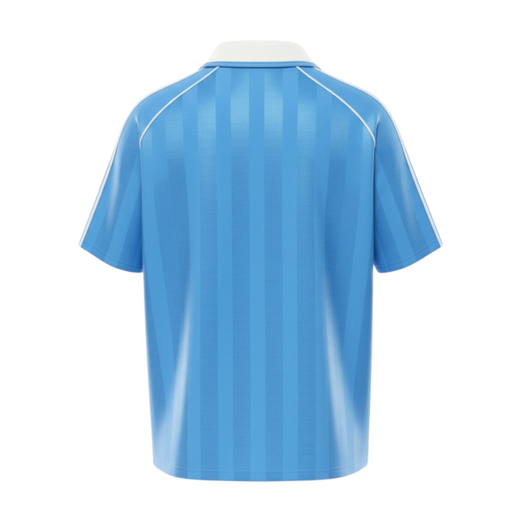Hinchas Sportswear Store light blue Adidas Originals retro jersey with white stripes, Trefoil logo, and collar.