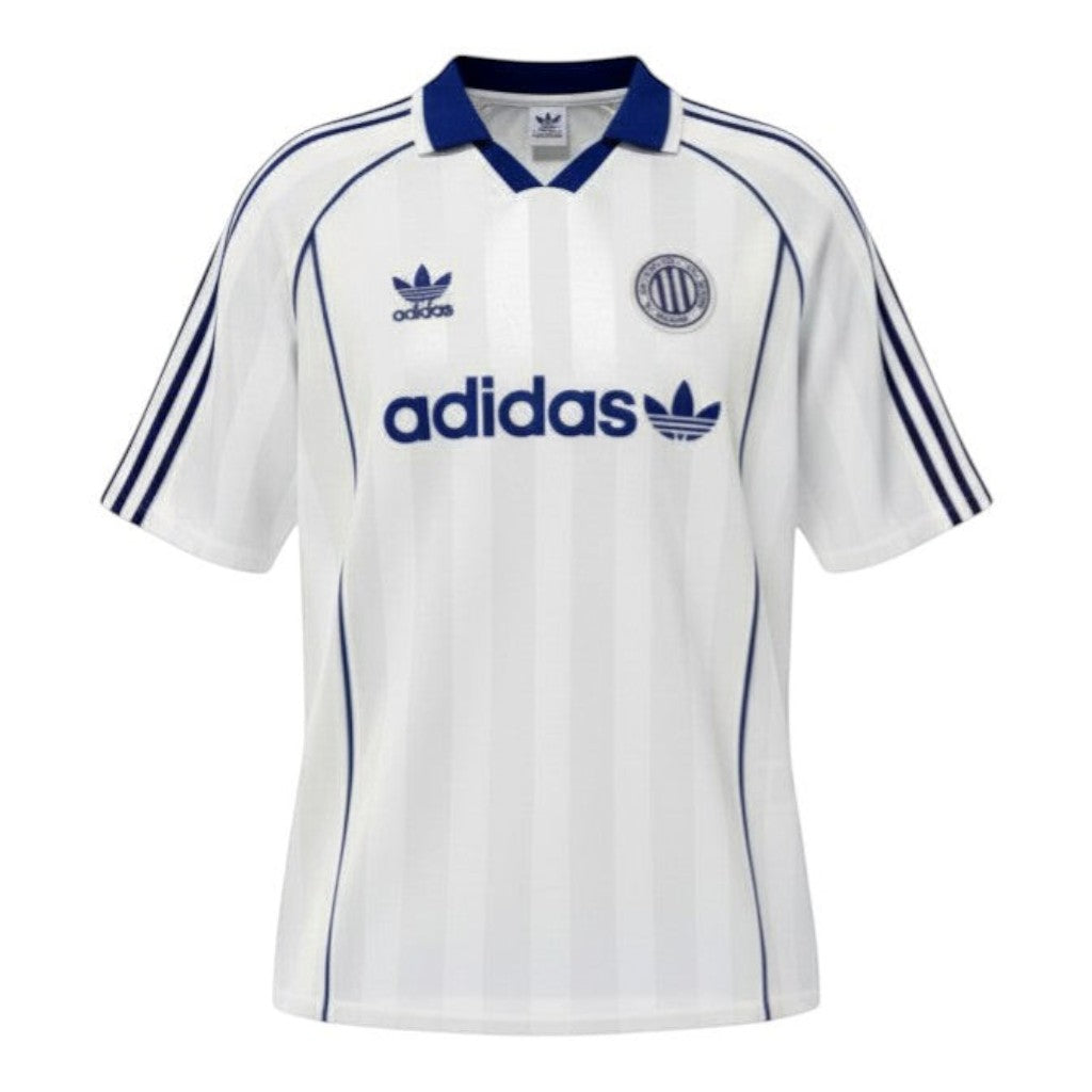 Hinchas Sportswear Store white Adidas Originals retro football jersey with navy stripes and collar, featuring Trefoil logo.