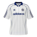 Hinchas Sportswear Store white Adidas Originals retro football jersey with navy stripes and collar, featuring Trefoil logo.