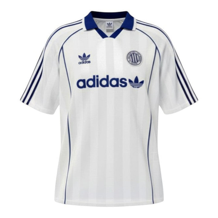 Hinchas Sportswear Store white Adidas Originals retro football jersey with navy stripes and collar, featuring Trefoil logo.