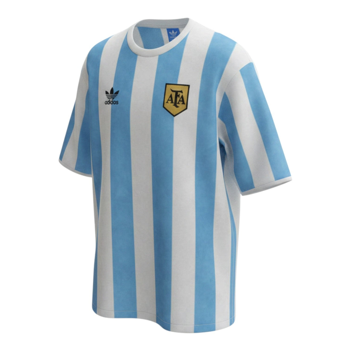 Hinchas Sportswear Store Argentina 1978 retro football jersey, light blue and white vertical stripes, Adidas trefoil logo, vintage AFA crest.