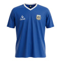 Hinchas Sportswear Store Argentina 1986 retro royal blue football jersey with white V-neck and cuffs, Le Coq Sportif logo, and AFA crest.