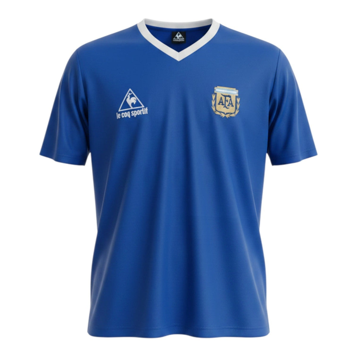 Hinchas Sportswear Store Argentina 1986 retro royal blue football jersey with white V-neck and cuffs, Le Coq Sportif logo, and AFA crest.