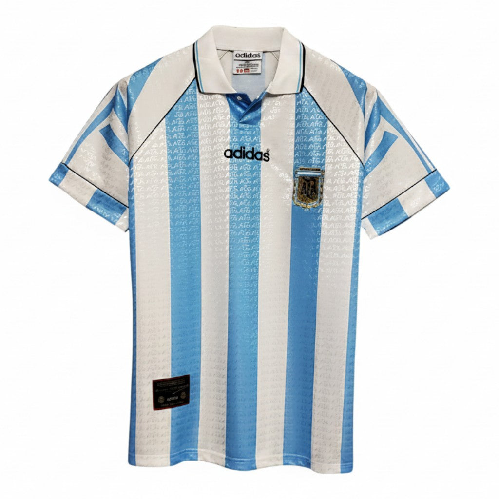 Hinchas Sportswear Store Argentina 1996 retro home jersey, light blue and white vertical stripes, Adidas logo, AFA crest, polo collar.