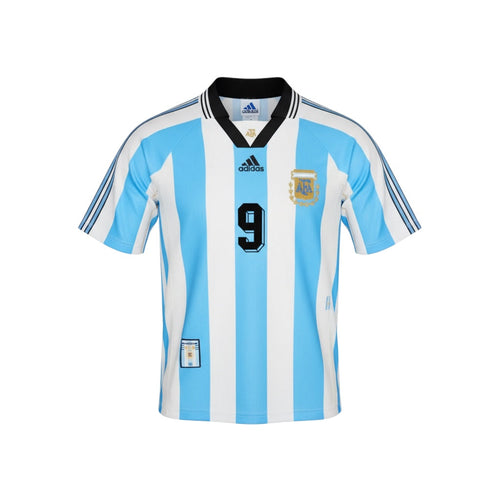 Hinchas Sportswear Store Argentina 1998 retro jersey, white and light blue stripes, black number 9 on front, Adidas logo.