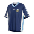 Hinchas Sportswear Store navy blue Argentina 1998 World Cup away jersey by Adidas. Features white and light blue side panels, Adidas three stripes, V-neck, and AFA crest.