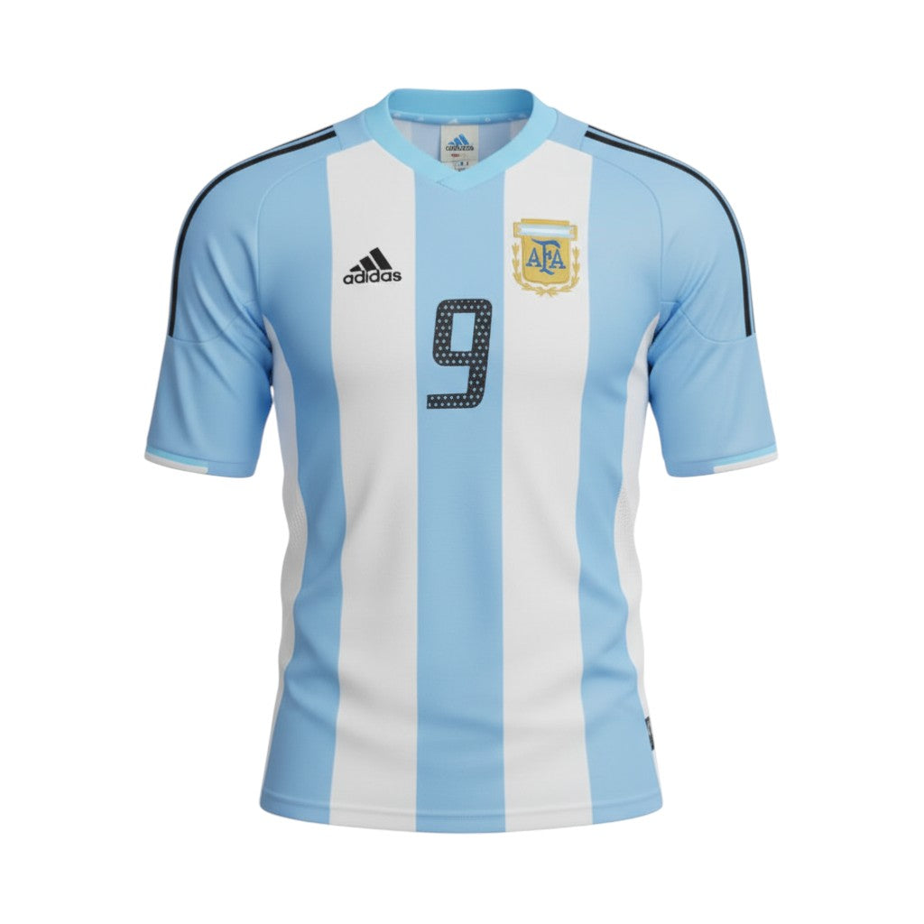 Hinchas Sportswear Store Argentina 2002 Batistuta retro jersey, light blue and white striped, with black Adidas stripes on sleeves and number 9.