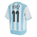 Hinchas Sportswear Store Argentina 2006 World Cup home jersey #11 Tevez retro, light blue and white vertical stripes, gold trim, black Adidas stripes.