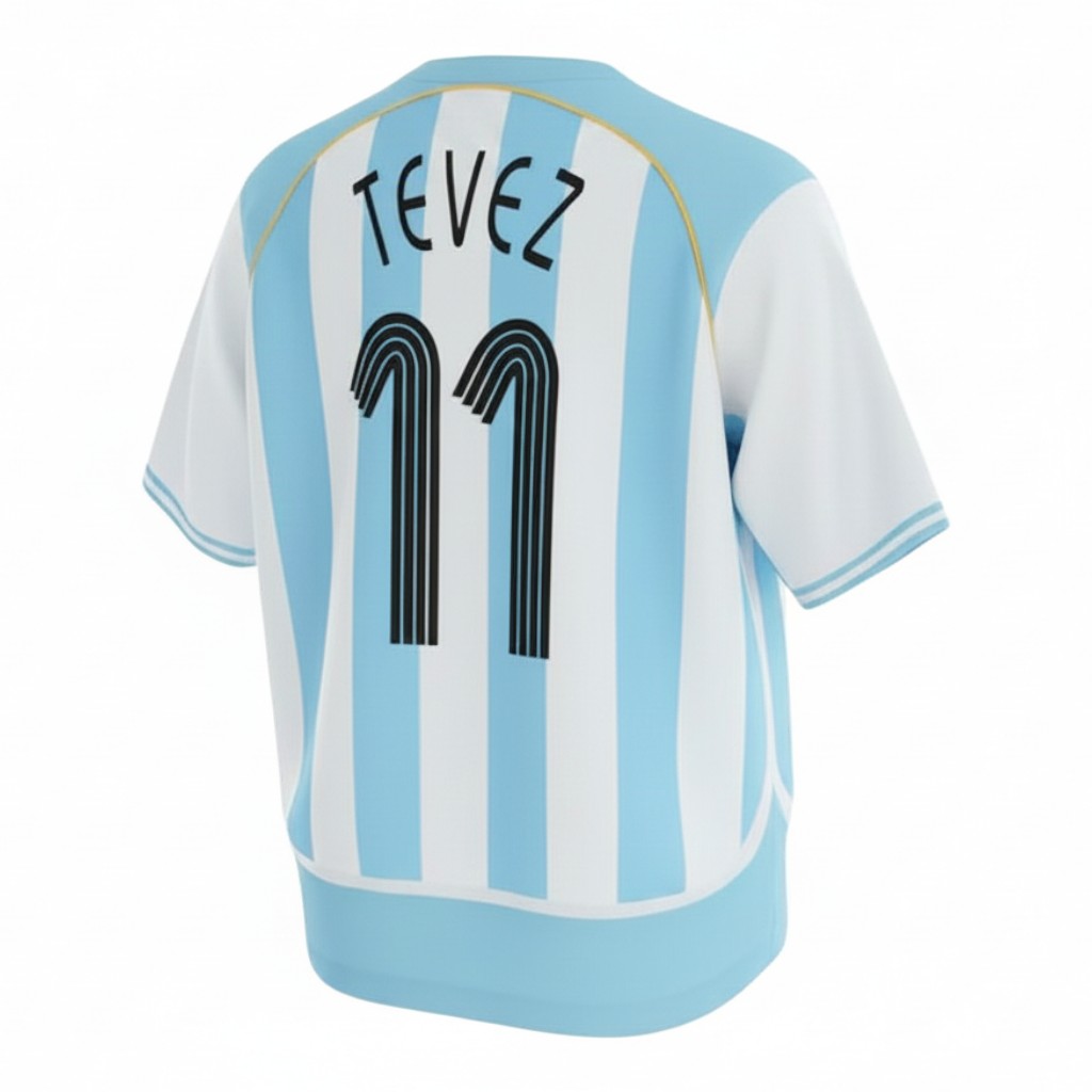 Hinchas Sportswear Store Argentina 2006 World Cup home jersey #11 Tevez retro, light blue and white vertical stripes, gold trim, black Adidas stripes.