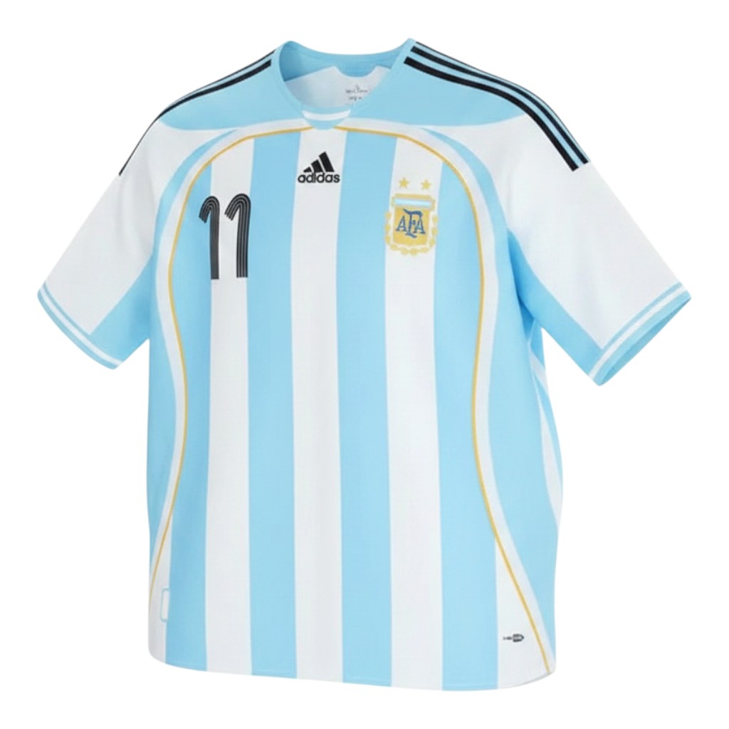 Hinchas Sportswear Store light blue and white Adidas Argentina 2006 World Cup home jersey #11 Tevez retro with gold piping and black stripes.