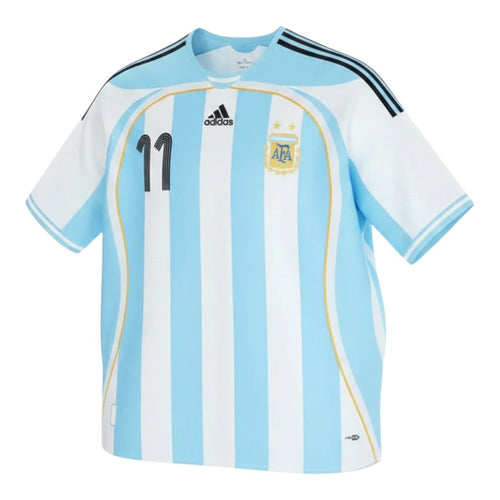 Hinchas Sportswear Store light blue and white Adidas Argentina 2006 World Cup home jersey #11 Tevez retro with gold piping and black stripes.