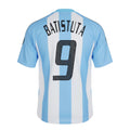 Hinchas Sportswear Store Argentina 2002 Batistuta #9 retro football jersey. Light blue and white vertical stripes, black accents.