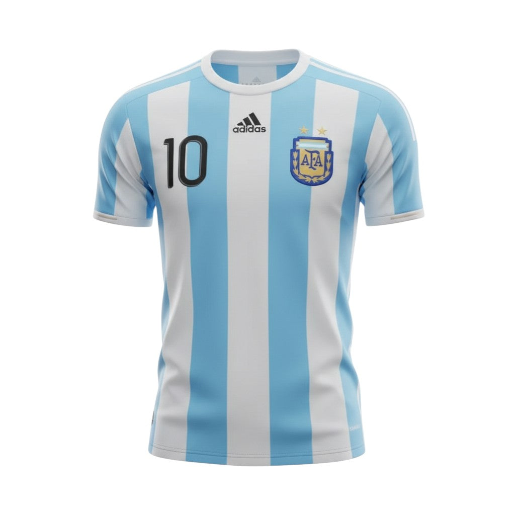 Hinchas Sportswear Store Argentina 2010 Messi retro jersey, light blue and white striped, short sleeve, with FIFA World Cup 2010 patch.