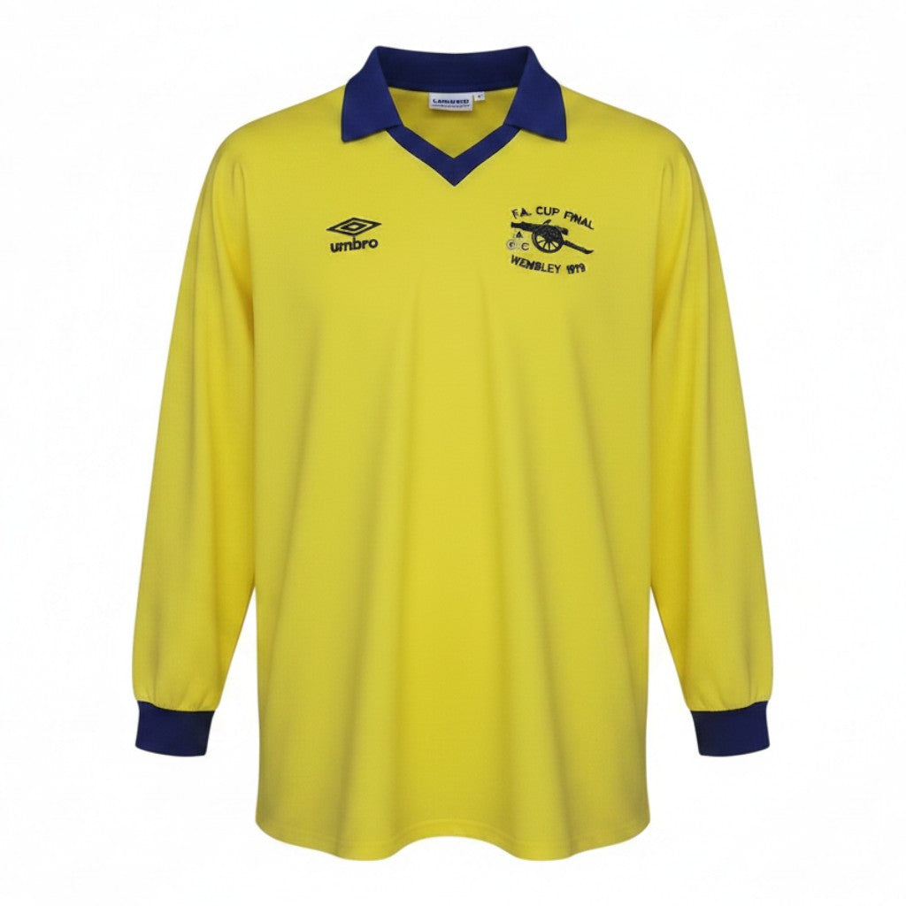 Hinchas Sportswear Store yellow long sleeve Arsenal 1979 FA Cup Final jersey with navy collar and cuffs, featuring Umbro logo and embroidered badge.