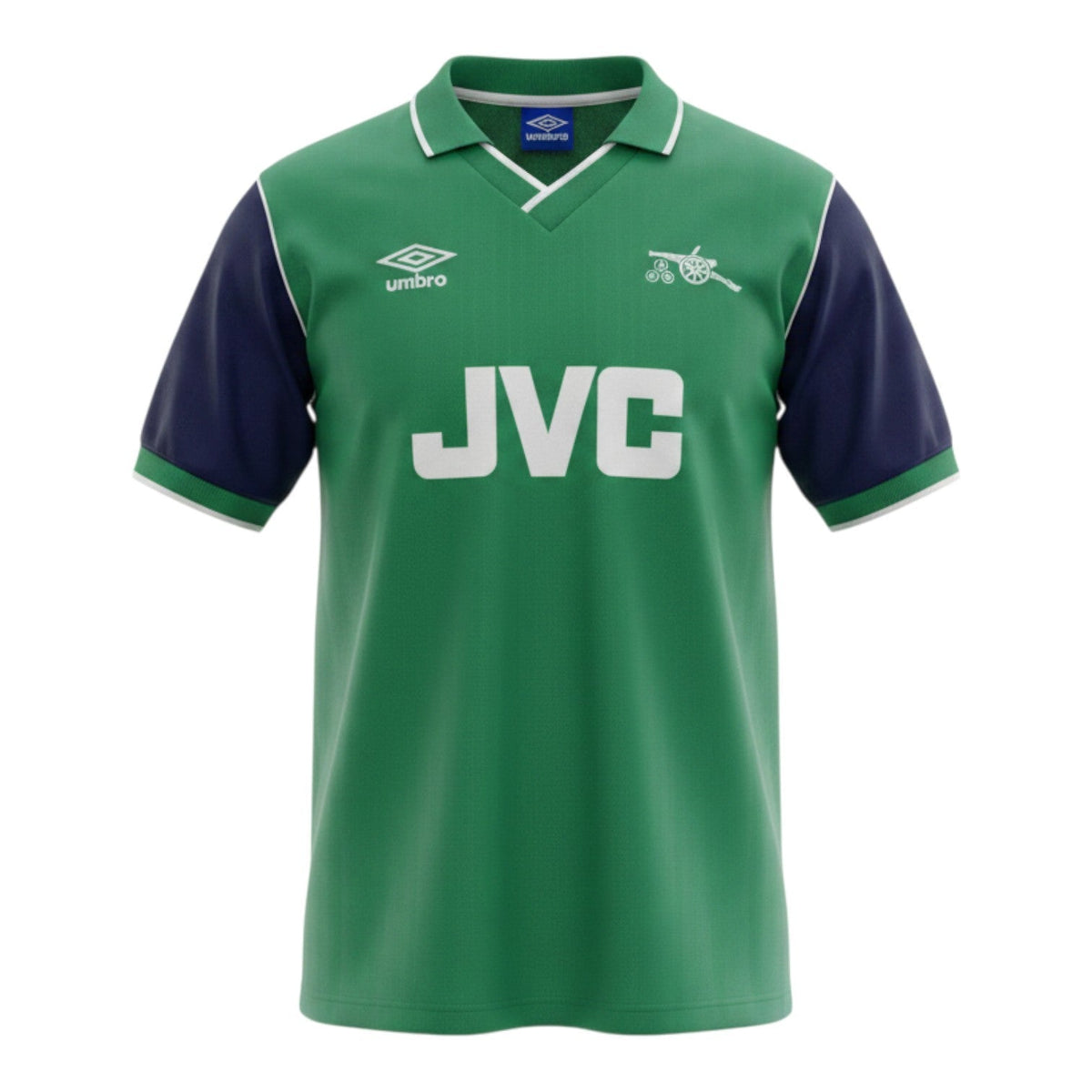 Hinchas Sportswear Store Arsenal 1982 away jersey in green, navy blue, and white with JVC sponsor and cannon crest.