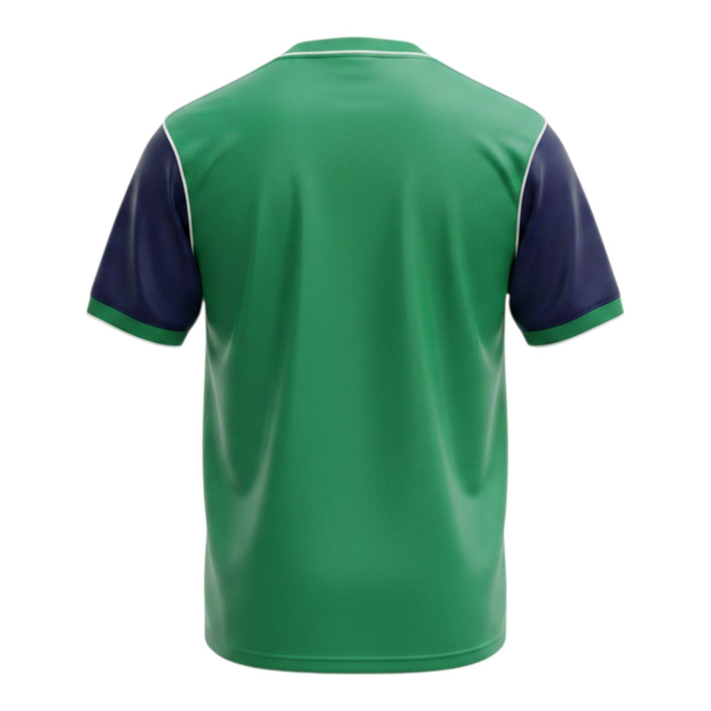Hinchas Sportswear Store Arsenal 1982 away jersey, green with navy blue sleeves and white piping. Retro football shirt.