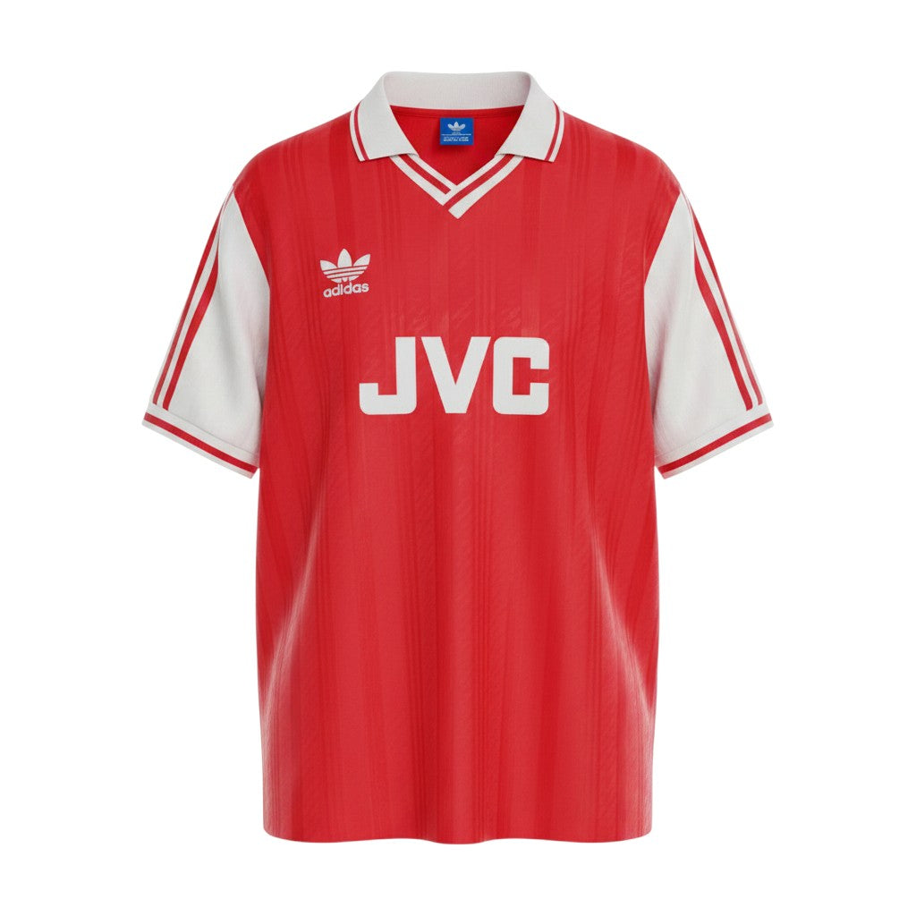 Hinchas Sportswear Store red and white 1986 Arsenal retro home jersey with JVC sponsor, Adidas logo, and cannon crest.