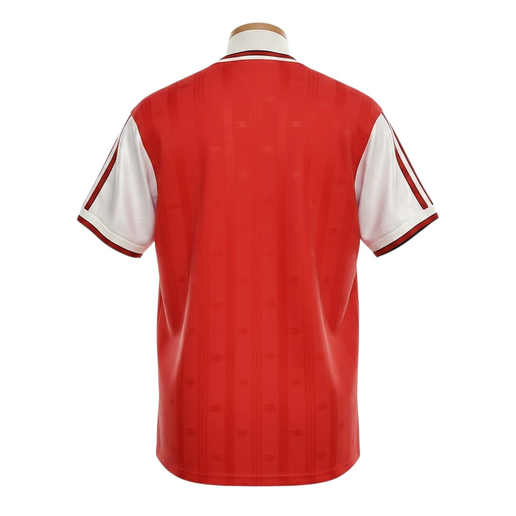 Hinchas Sportswear Store Arsenal 1986 retro home jersey in red and white with white sleeves and Adidas stripes.