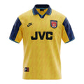 Hinchas Sportswear Store yellow and navy blue 1994 Arsenal retro football jersey with JVC sponsor and geometric sleeve pattern.