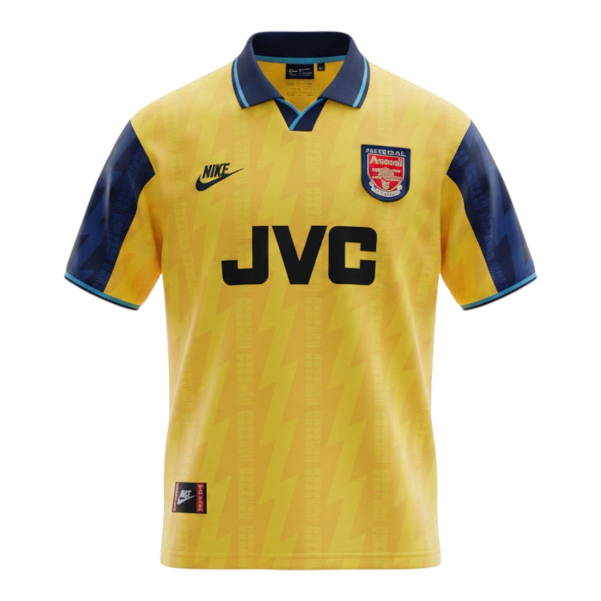 Hinchas Sportswear Store yellow and navy blue 1994 Arsenal retro football jersey with JVC sponsor and geometric sleeve pattern.