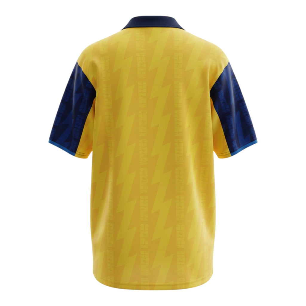 Hinchas Sportswear Store yellow and navy blue 1994 Arsenal retro football jersey with geometric pattern and JVC sponsor.