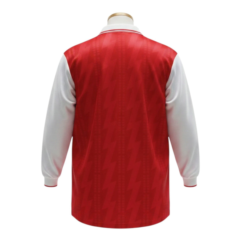 Hinchas Sportswear Store Arsenal 1994 retro long sleeve home jersey in red with white sleeves and collar. Features a subtle geometric pattern.