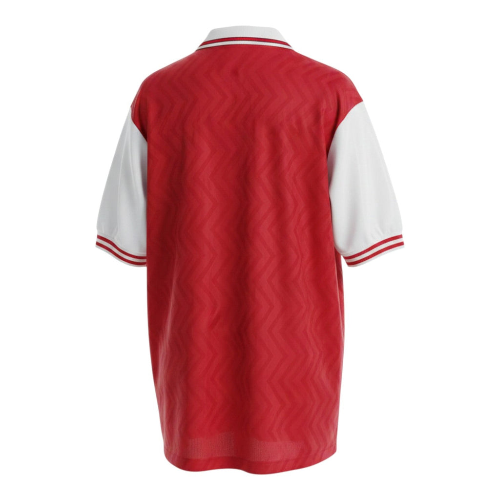 Hinchas Sportswear Store Arsenal 1998 retro home jersey in red with white sleeves and collar. Features a subtle diamond jacquard pattern.