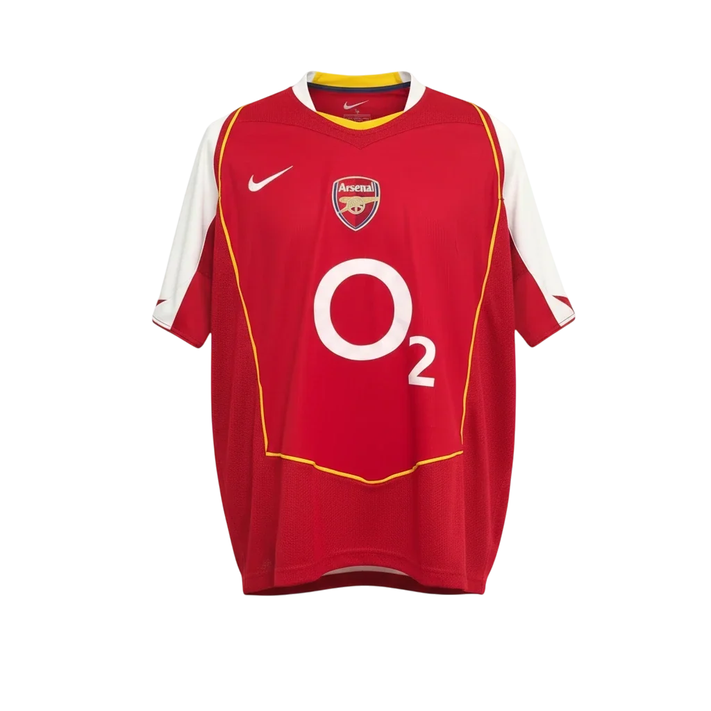 Hinchas Sportswear Store Arsenal 2004-05 retro home jersey, red with white sleeves and gold trim, O2 sponsor.